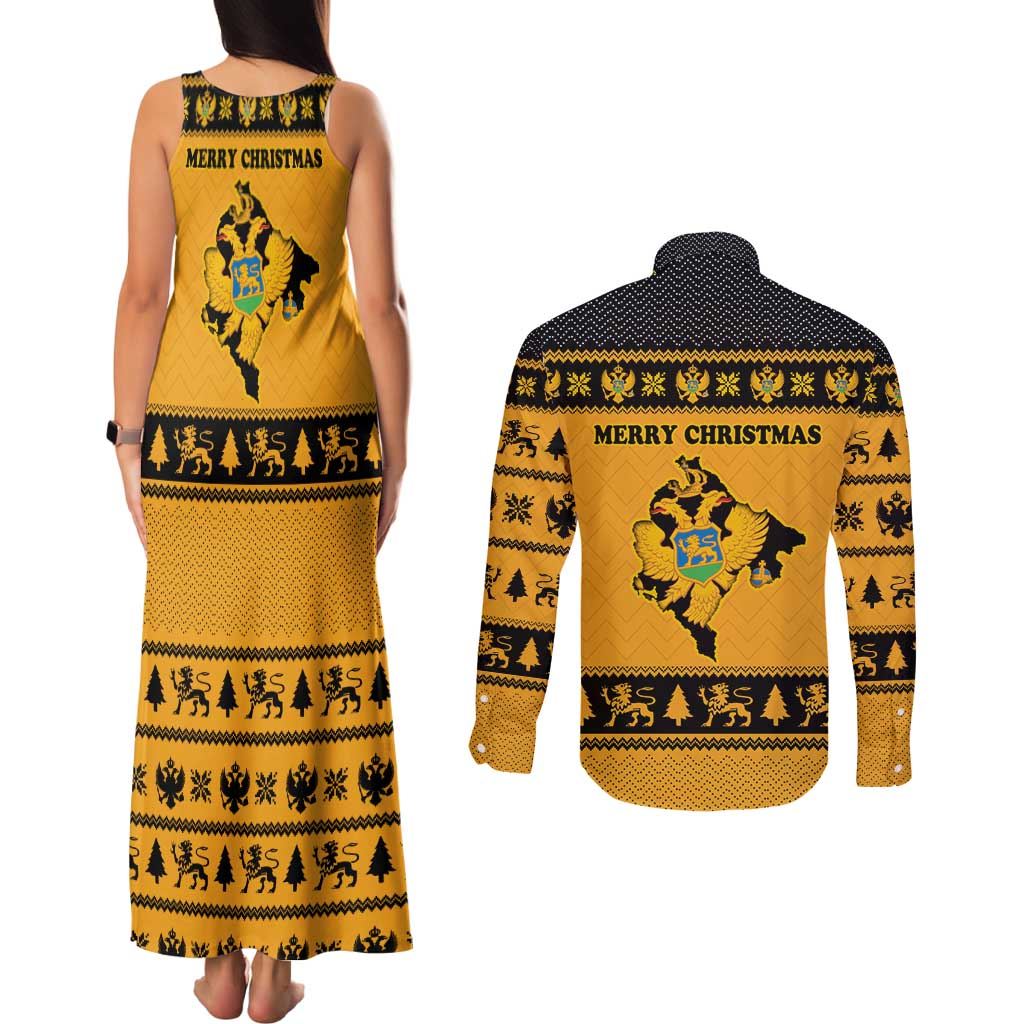 Montenegro Christmas Couples Matching Tank Maxi Dress and Long Sleeve Button Shirt with Gold-Black Theme, Double-Headed Eagle, and Map Motif - Wonder Print Shop