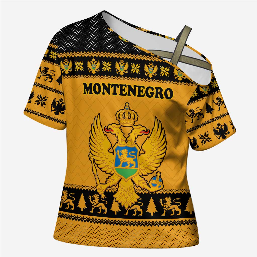 Montenegro Christmas Cross Shoulder Shirt with Gold-Black Theme, Double-Headed Eagle, and Map Motif - Wonder Print Shop