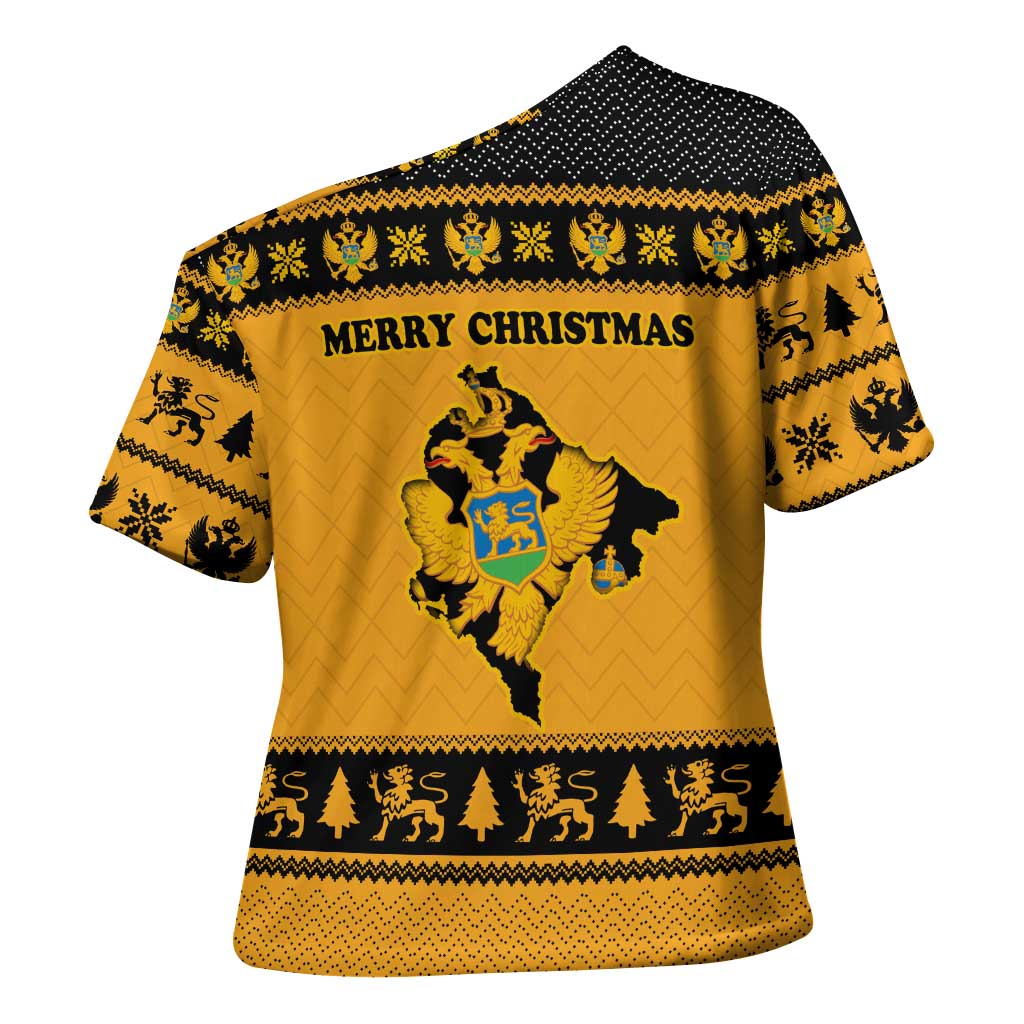 Montenegro Christmas Cross Shoulder Shirt with Gold-Black Theme, Double-Headed Eagle, and Map Motif - Wonder Print Shop