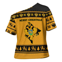 Montenegro Christmas Cross Shoulder Shirt with Gold-Black Theme, Double-Headed Eagle, and Map Motif - Wonder Print Shop