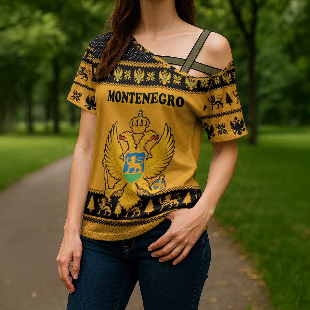 Montenegro Christmas Cross Shoulder Shirt with Gold-Black Theme, Double-Headed Eagle, and Map Motif - Wonder Print Shop