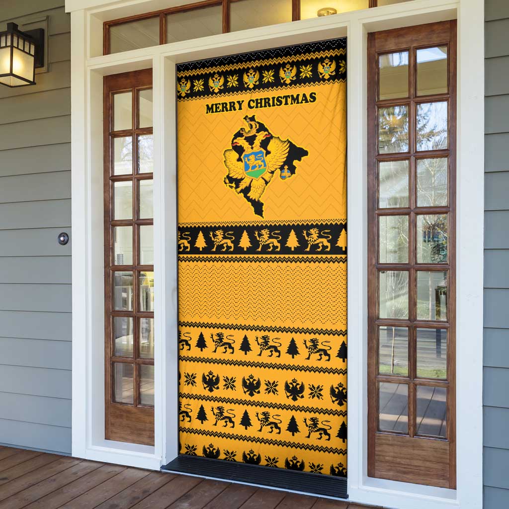 Montenegro Christmas Door Cover with Gold-Black Theme, Double-Headed Eagle, and Map Motif - Wonder Print Shop