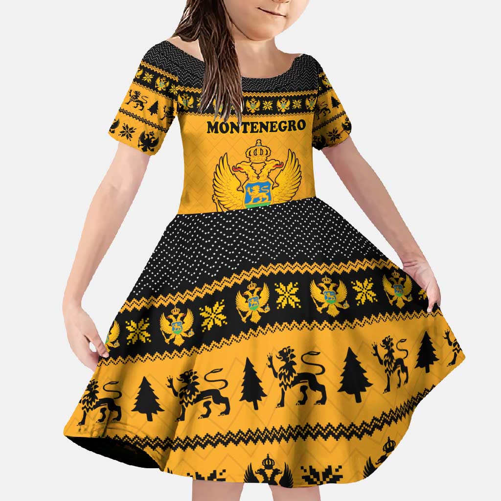 Montenegro Christmas Family Matching Long Sleeve Bodycon Dress and Hawaiian Shirt with Gold-Black Theme, Double-Headed Eagle, and Map Motif - Wonder Print Shop
