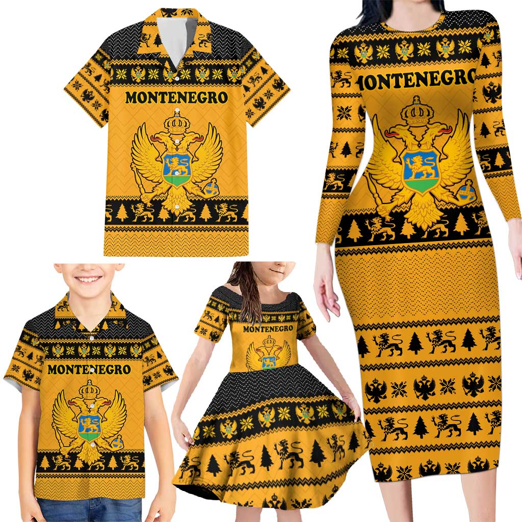Montenegro Christmas Family Matching Long Sleeve Bodycon Dress and Hawaiian Shirt with Gold-Black Theme, Double-Headed Eagle, and Map Motif - Wonder Print Shop