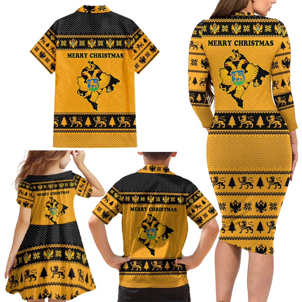 Montenegro Christmas Family Matching Long Sleeve Bodycon Dress and Hawaiian Shirt with Gold-Black Theme, Double-Headed Eagle, and Map Motif - Wonder Print Shop