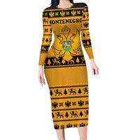 Montenegro Christmas Family Matching Long Sleeve Bodycon Dress and Hawaiian Shirt with Gold-Black Theme, Double-Headed Eagle, and Map Motif - Wonder Print Shop