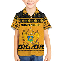 Montenegro Christmas Family Matching Long Sleeve Bodycon Dress and Hawaiian Shirt with Gold-Black Theme, Double-Headed Eagle, and Map Motif - Wonder Print Shop