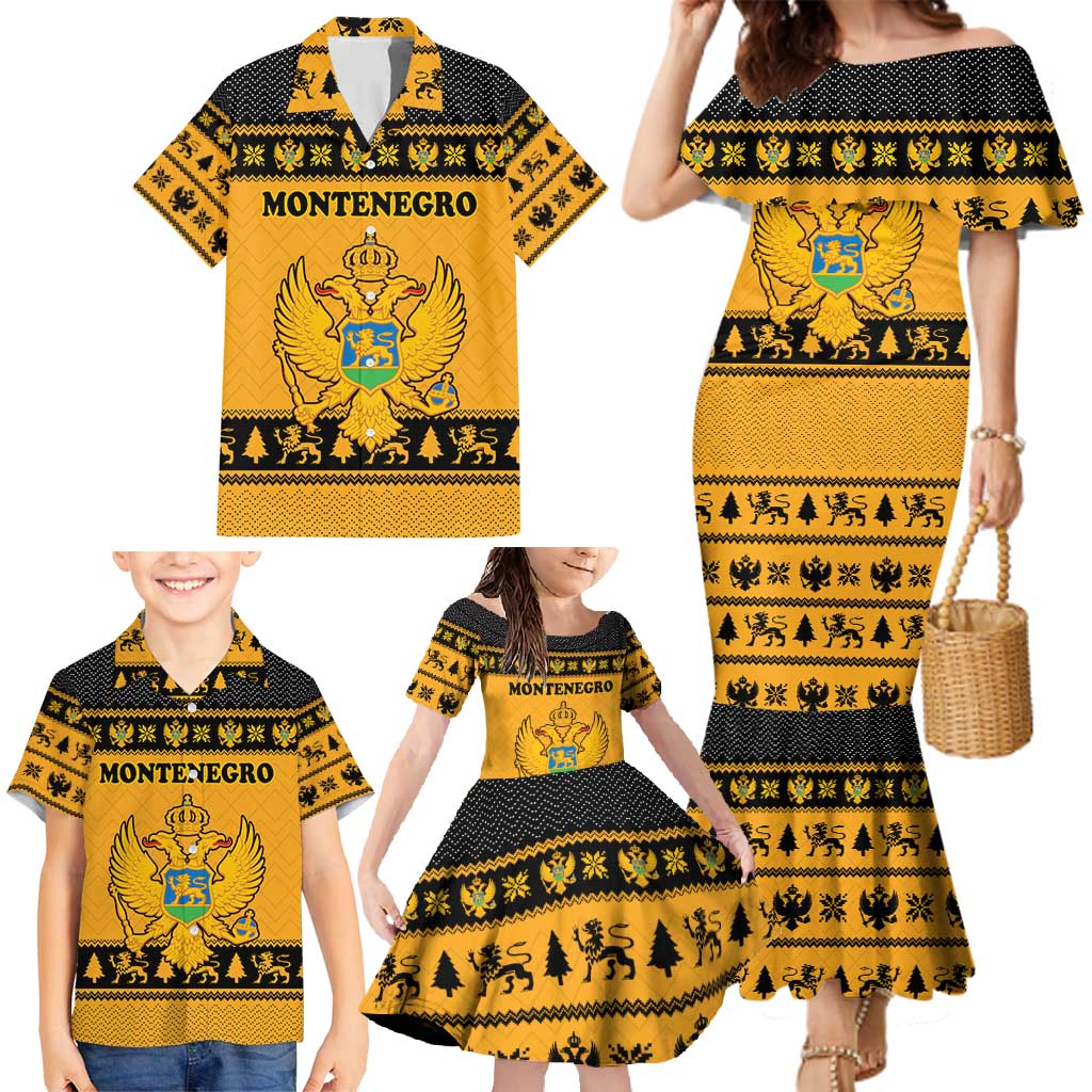 Montenegro Christmas Family Matching Mermaid Dress and Hawaiian Shirt with Gold-Black Theme, Double-Headed Eagle, and Map Motif - Wonder Print Shop