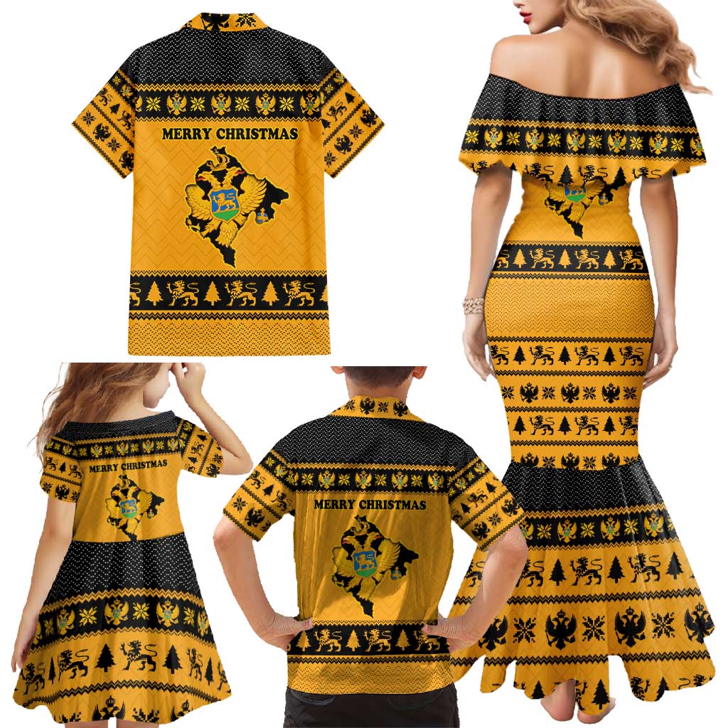 Montenegro Christmas Family Matching Mermaid Dress and Hawaiian Shirt with Gold-Black Theme, Double-Headed Eagle, and Map Motif - Wonder Print Shop