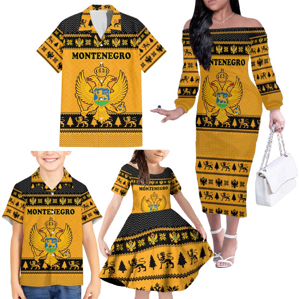 Montenegro Christmas Family Matching Off The Shoulder Long Sleeve Dress and Hawaiian Shirt with Gold-Black Theme, Double-Headed Eagle, and Map Motif - Wonder Print Shop