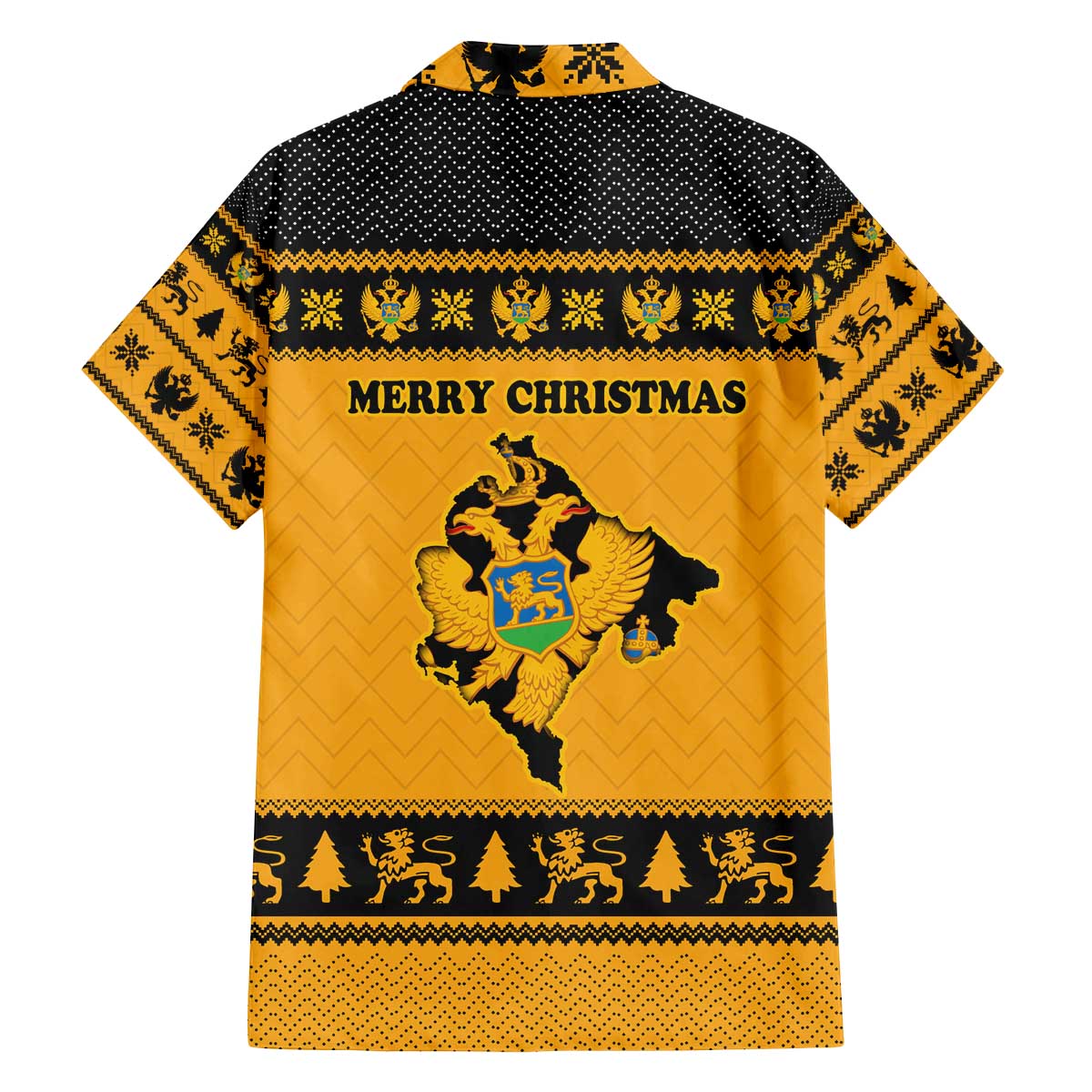 Montenegro Christmas Family Matching Off The Shoulder Long Sleeve Dress and Hawaiian Shirt with Gold-Black Theme, Double-Headed Eagle, and Map Motif - Wonder Print Shop