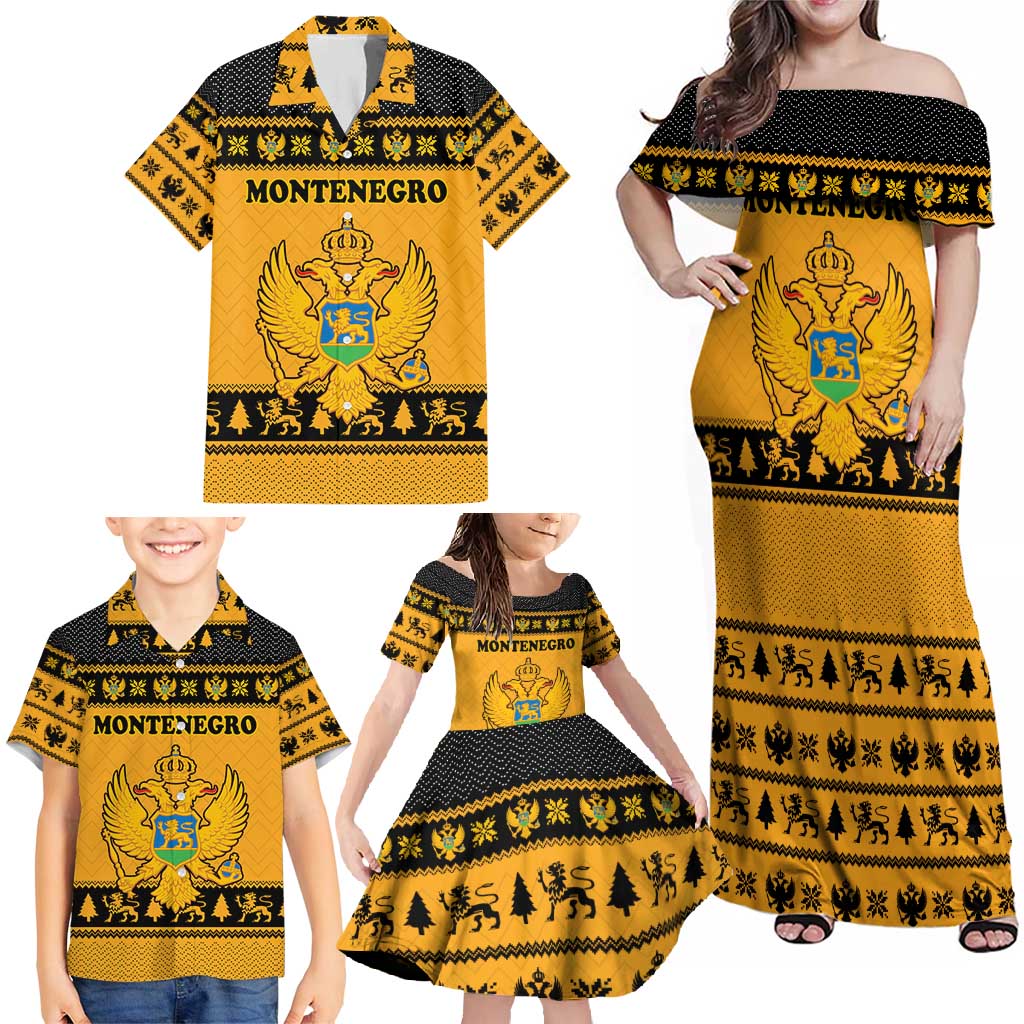 Montenegro Christmas Family Matching Off Shoulder Maxi Dress and Hawaiian Shirt with Gold-Black Theme, Double-Headed Eagle, and Map Motif - Wonder Print Shop
