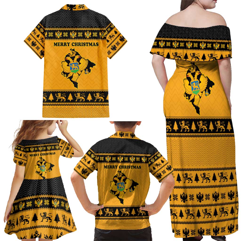 Montenegro Christmas Family Matching Off Shoulder Maxi Dress and Hawaiian Shirt with Gold-Black Theme, Double-Headed Eagle, and Map Motif - Wonder Print Shop