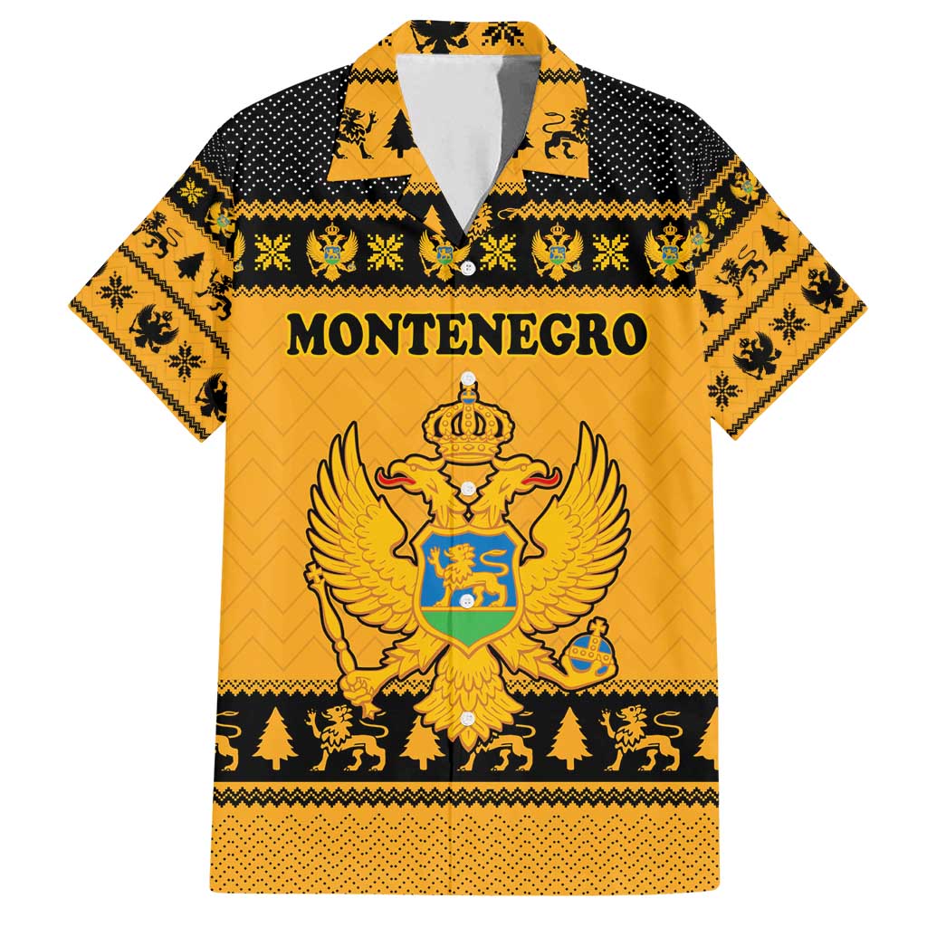 Montenegro Christmas Family Matching Off Shoulder Maxi Dress and Hawaiian Shirt with Gold-Black Theme, Double-Headed Eagle, and Map Motif - Wonder Print Shop