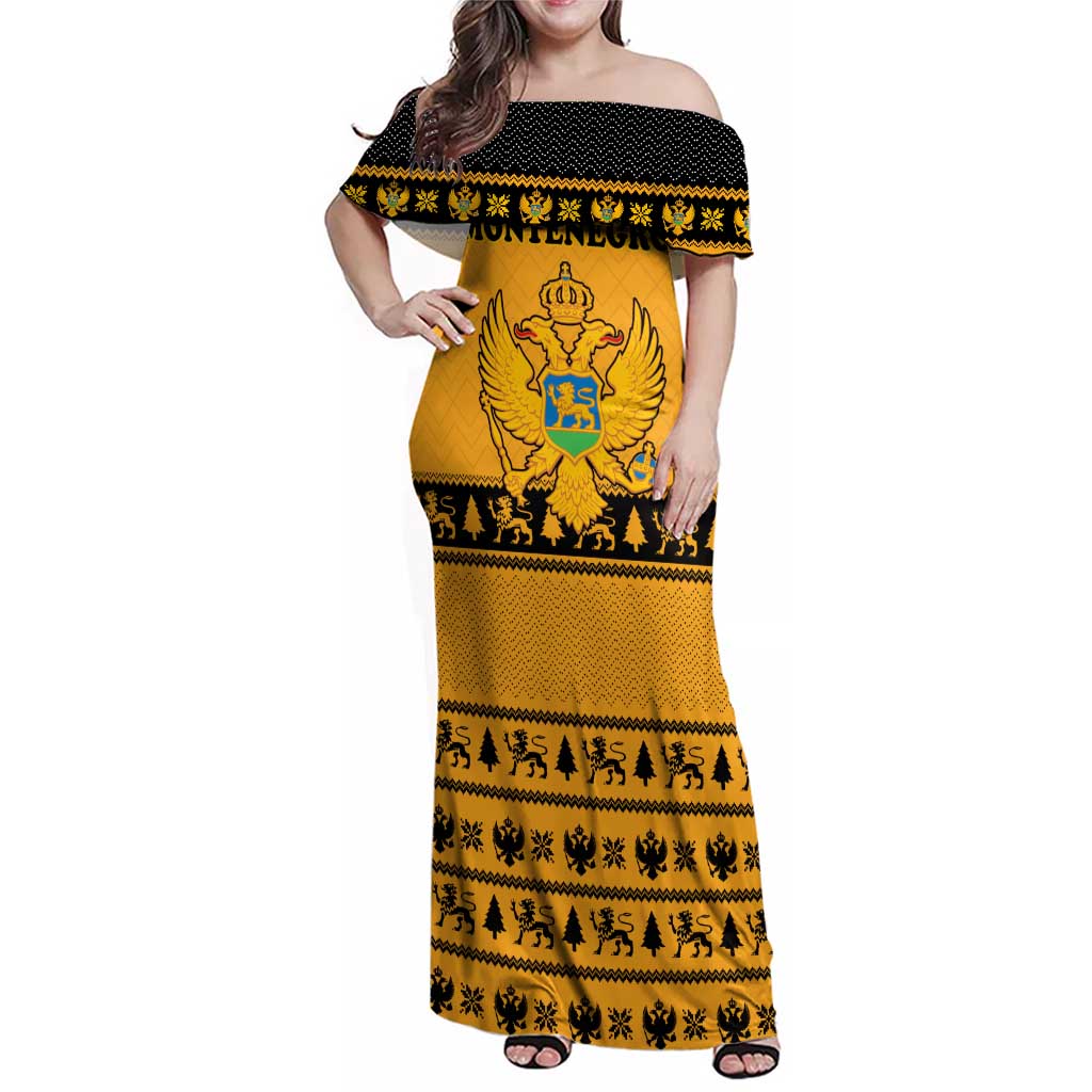 Montenegro Christmas Family Matching Off Shoulder Maxi Dress and Hawaiian Shirt with Gold-Black Theme, Double-Headed Eagle, and Map Motif - Wonder Print Shop