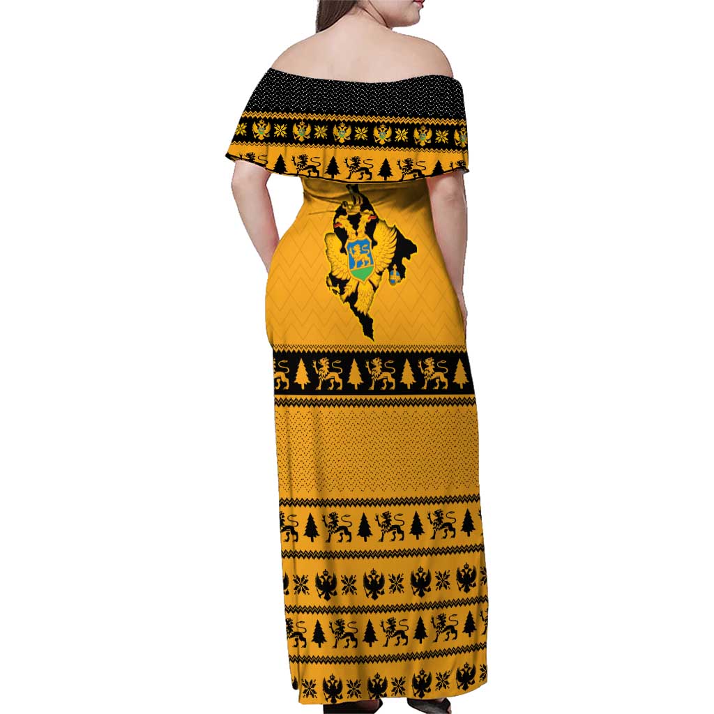 Montenegro Christmas Family Matching Off Shoulder Maxi Dress and Hawaiian Shirt with Gold-Black Theme, Double-Headed Eagle, and Map Motif - Wonder Print Shop