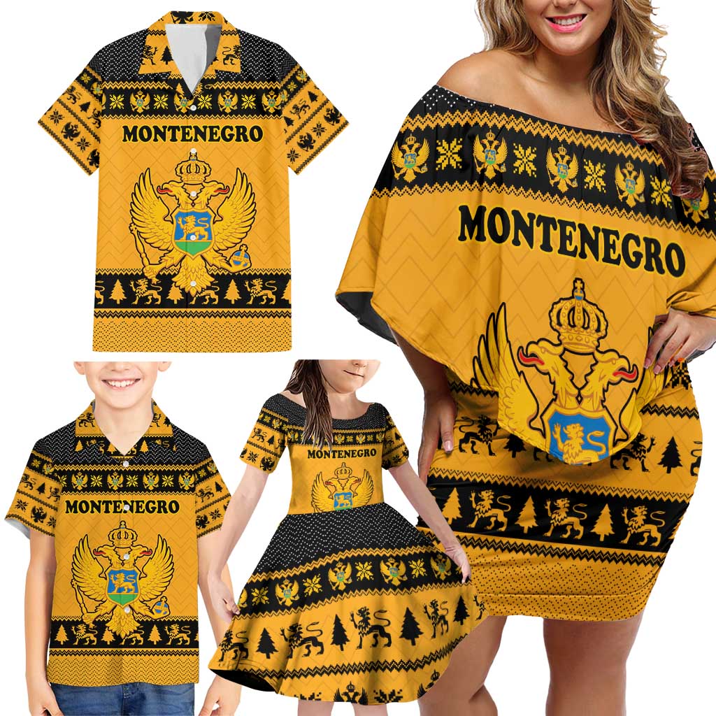 Montenegro Christmas Family Matching Off Shoulder Short Dress and Hawaiian Shirt with Gold-Black Theme, Double-Headed Eagle, and Map Motif - Wonder Print Shop
