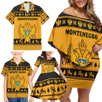 Montenegro Christmas Family Matching Off Shoulder Short Dress and Hawaiian Shirt with Gold-Black Theme, Double-Headed Eagle, and Map Motif - Wonder Print Shop