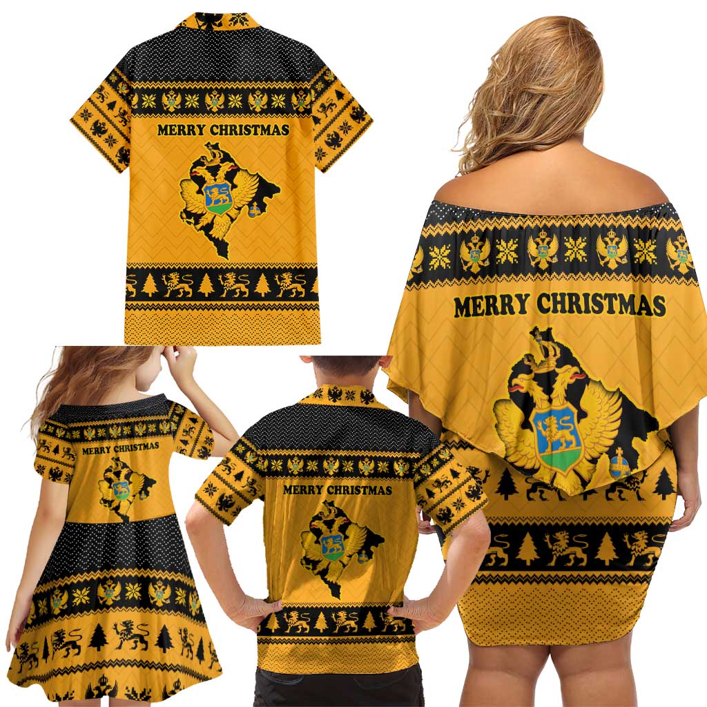 Montenegro Christmas Family Matching Off Shoulder Short Dress and Hawaiian Shirt with Gold-Black Theme, Double-Headed Eagle, and Map Motif - Wonder Print Shop