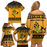 Montenegro Christmas Family Matching Off Shoulder Short Dress and Hawaiian Shirt with Gold-Black Theme, Double-Headed Eagle, and Map Motif - Wonder Print Shop