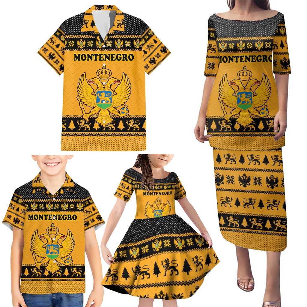 Montenegro Christmas Family Matching Puletasi and Hawaiian Shirt with Gold-Black Theme, Double-Headed Eagle, and Map Motif - Wonder Print Shop