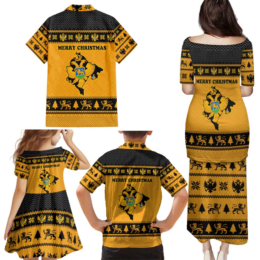 Montenegro Christmas Family Matching Puletasi and Hawaiian Shirt with Gold-Black Theme, Double-Headed Eagle, and Map Motif - Wonder Print Shop