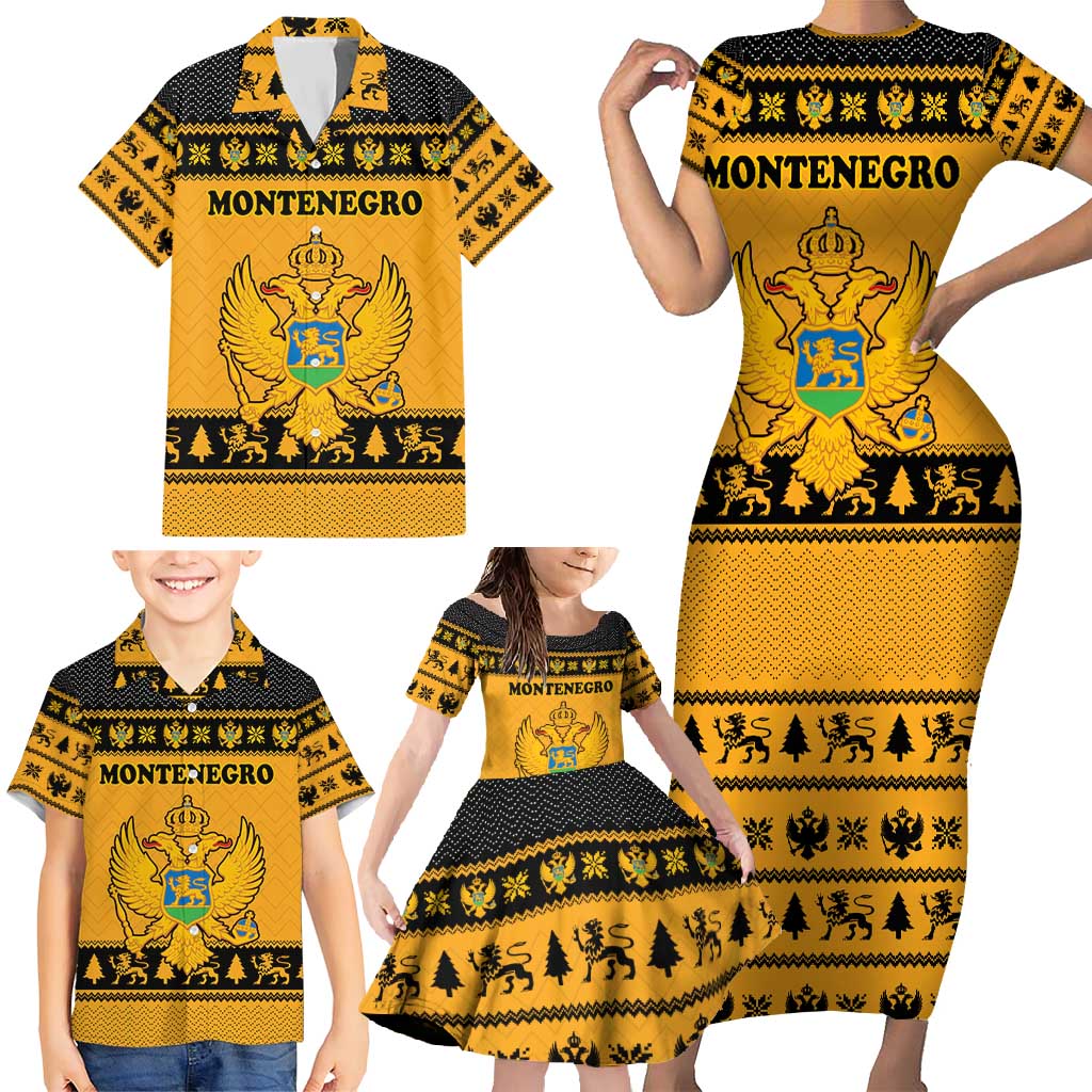 Montenegro Christmas Family Matching Short Sleeve Bodycon Dress and Hawaiian Shirt with Gold-Black Theme, Double-Headed Eagle, and Map Motif - Wonder Print Shop