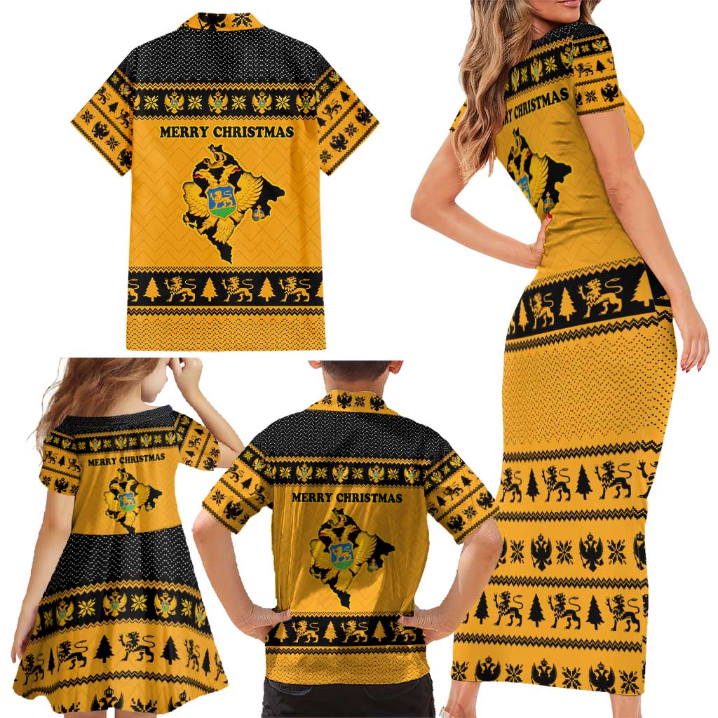 Montenegro Christmas Family Matching Short Sleeve Bodycon Dress and Hawaiian Shirt with Gold-Black Theme, Double-Headed Eagle, and Map Motif - Wonder Print Shop