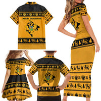 Montenegro Christmas Family Matching Short Sleeve Bodycon Dress and Hawaiian Shirt with Gold-Black Theme, Double-Headed Eagle, and Map Motif - Wonder Print Shop