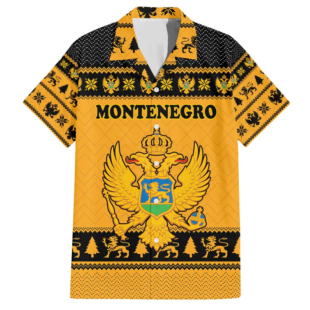 Montenegro Christmas Family Matching Short Sleeve Bodycon Dress and Hawaiian Shirt with Gold-Black Theme, Double-Headed Eagle, and Map Motif - Wonder Print Shop