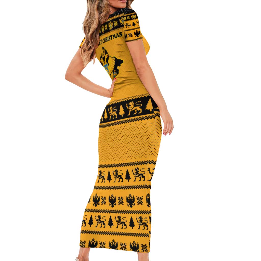 Montenegro Christmas Family Matching Short Sleeve Bodycon Dress and Hawaiian Shirt with Gold-Black Theme, Double-Headed Eagle, and Map Motif - Wonder Print Shop