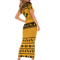 Montenegro Christmas Family Matching Short Sleeve Bodycon Dress and Hawaiian Shirt with Gold-Black Theme, Double-Headed Eagle, and Map Motif - Wonder Print Shop