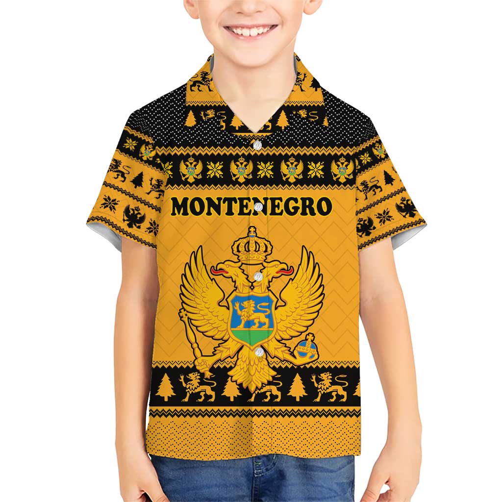 Montenegro Christmas Family Matching Short Sleeve Bodycon Dress and Hawaiian Shirt with Gold-Black Theme, Double-Headed Eagle, and Map Motif - Wonder Print Shop