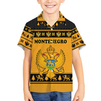 Montenegro Christmas Family Matching Short Sleeve Bodycon Dress and Hawaiian Shirt with Gold-Black Theme, Double-Headed Eagle, and Map Motif - Wonder Print Shop
