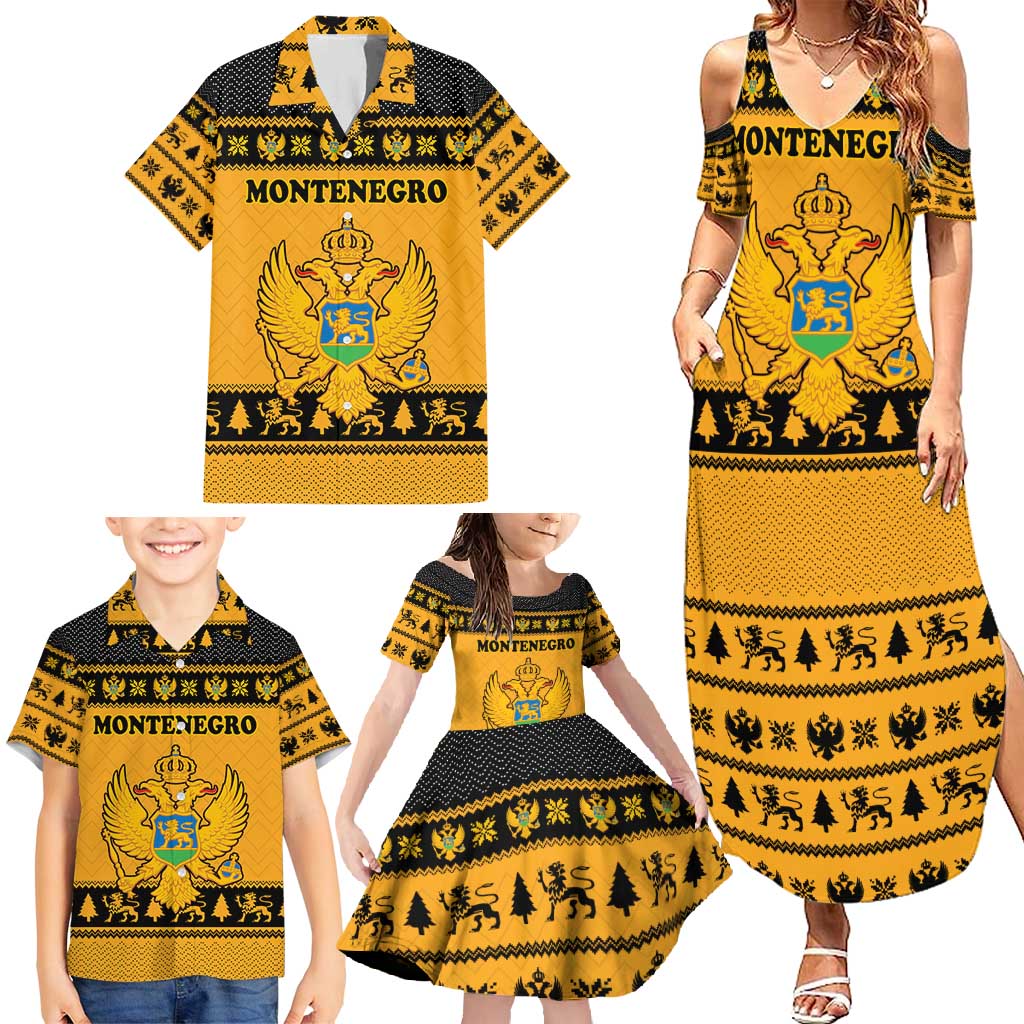 Montenegro Christmas Family Matching Summer Maxi Dress and Hawaiian Shirt with Gold-Black Theme, Double-Headed Eagle, and Map Motif - Wonder Print Shop
