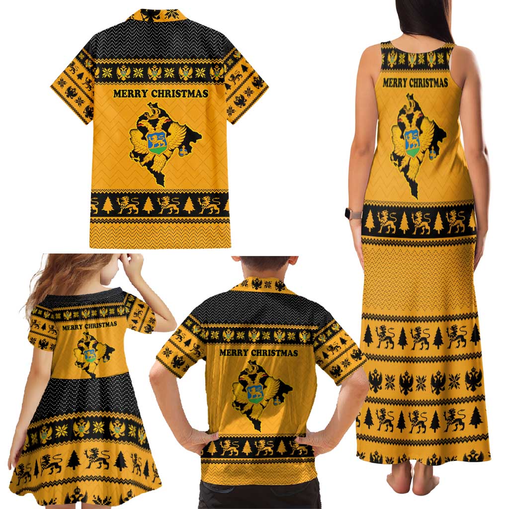 Montenegro Christmas Family Matching Tank Maxi Dress and Hawaiian Shirt with Gold-Black Theme, Double-Headed Eagle, and Map Motif - Wonder Print Shop