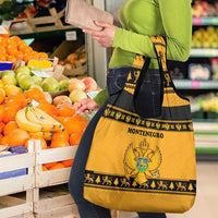 Montenegro Christmas Grocery Bag with Gold-Black Theme, Double-Headed Eagle, and Map Motif - Wonder Print Shop
