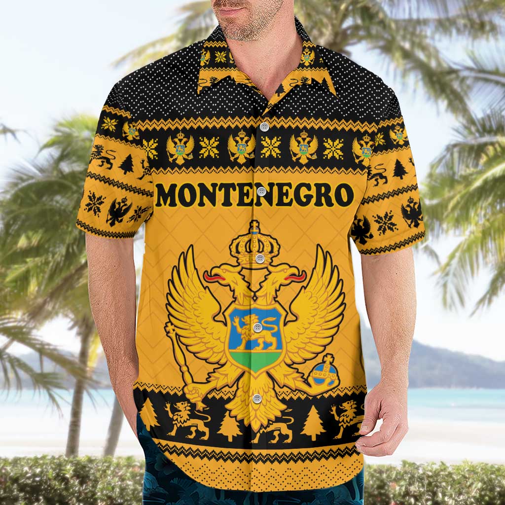 Montenegro Christmas Hawaiian Shirt with Gold-Black Theme, Double-Headed Eagle, and Map Motif - Wonder Print Shop