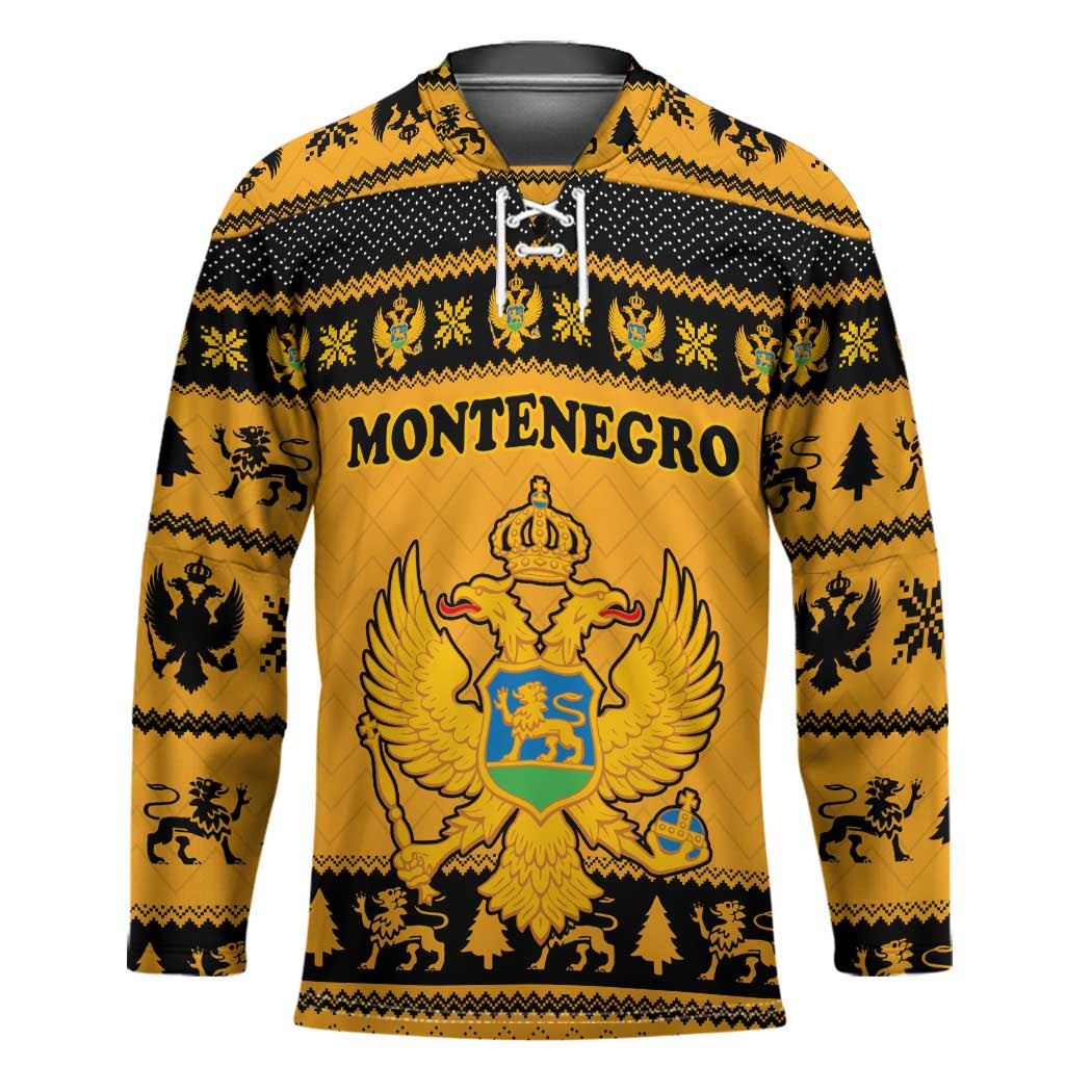 Montenegro Christmas Hockey Jersey with Gold-Black Theme, Double-Headed Eagle, and Map Motif - Wonder Print Shop