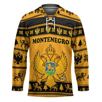 Montenegro Christmas Hockey Jersey with Gold-Black Theme, Double-Headed Eagle, and Map Motif - Wonder Print Shop