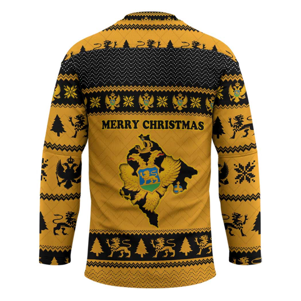 Montenegro Christmas Hockey Jersey with Gold-Black Theme, Double-Headed Eagle, and Map Motif - Wonder Print Shop