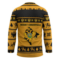 Montenegro Christmas Hockey Jersey with Gold-Black Theme, Double-Headed Eagle, and Map Motif - Wonder Print Shop