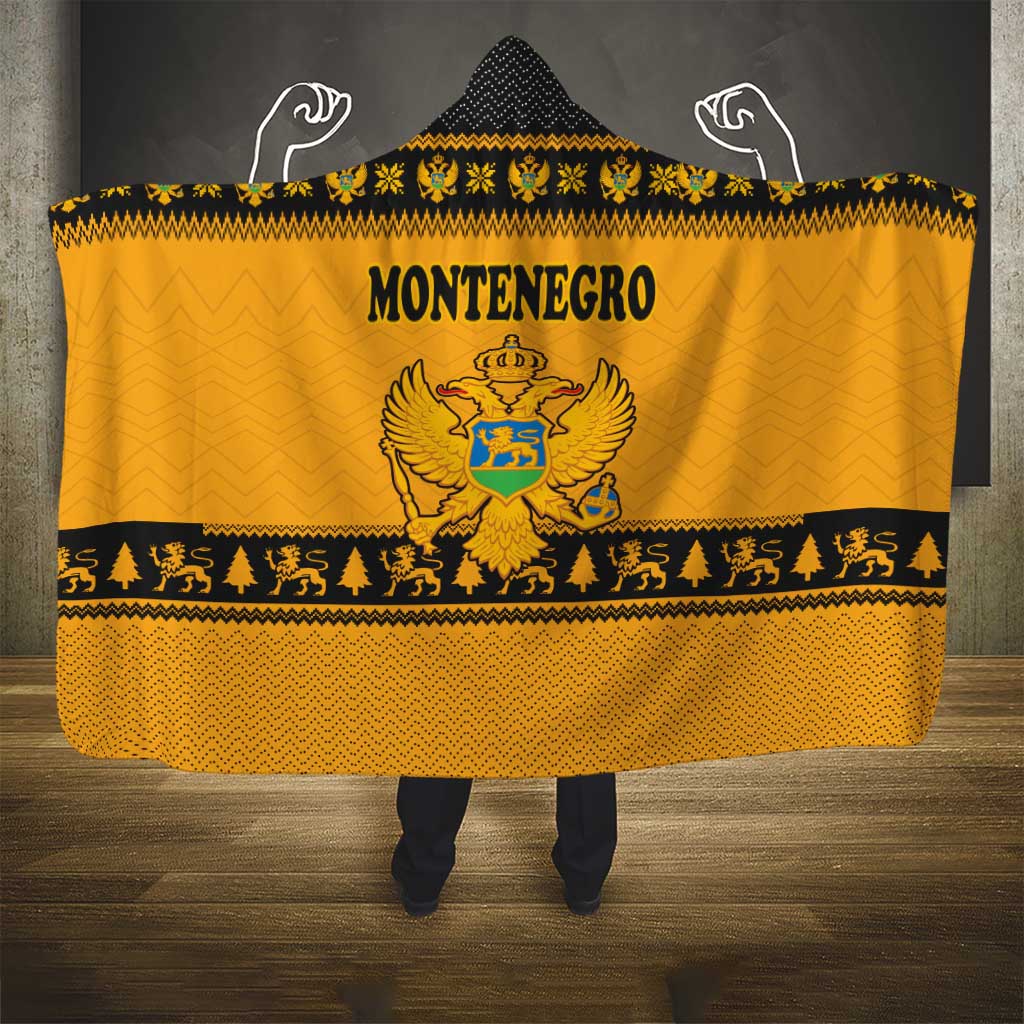 Montenegro Christmas Hooded Blanket with Gold-Black Theme, Double-Headed Eagle, and Map Motif - Wonder Print Shop