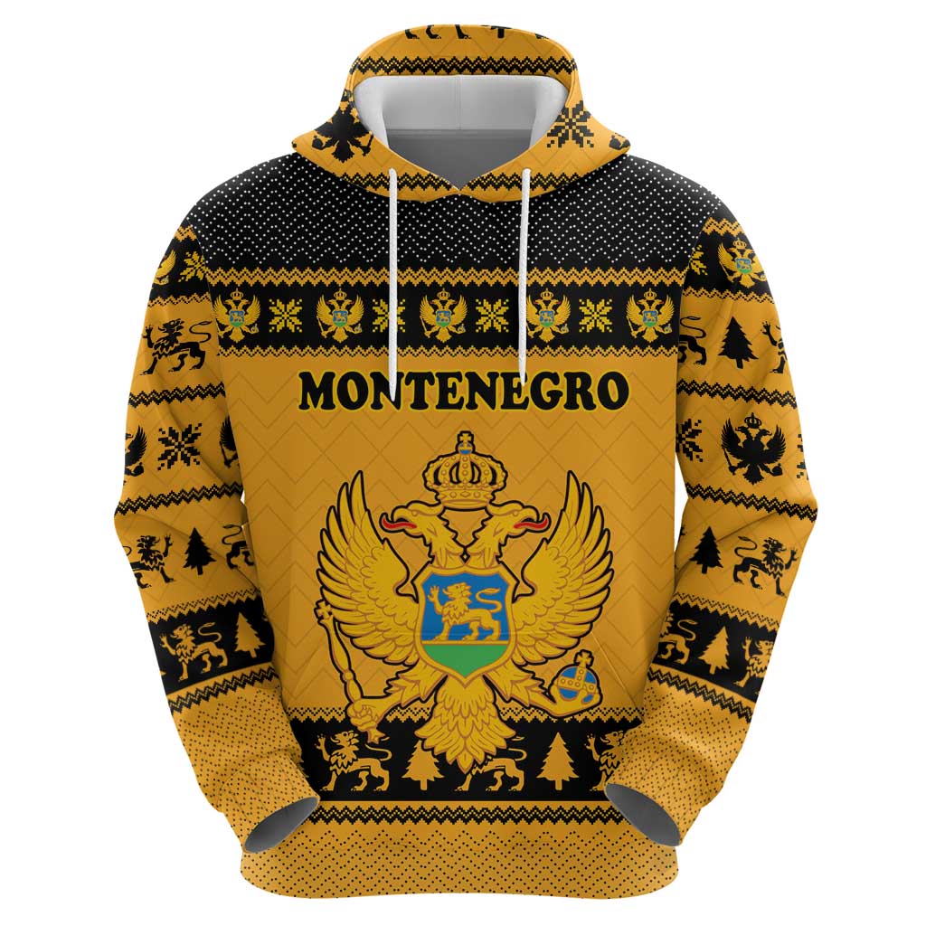 Montenegro Christmas Hoodie with Gold-Black Theme, Double-Headed Eagle, and Map Motif - Wonder Print Shop
