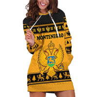 Montenegro Christmas Hoodie Dress with Gold-Black Theme, Double-Headed Eagle, and Map Motif - Wonder Print Shop
