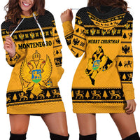 Montenegro Christmas Hoodie Dress with Gold-Black Theme, Double-Headed Eagle, and Map Motif - Wonder Print Shop