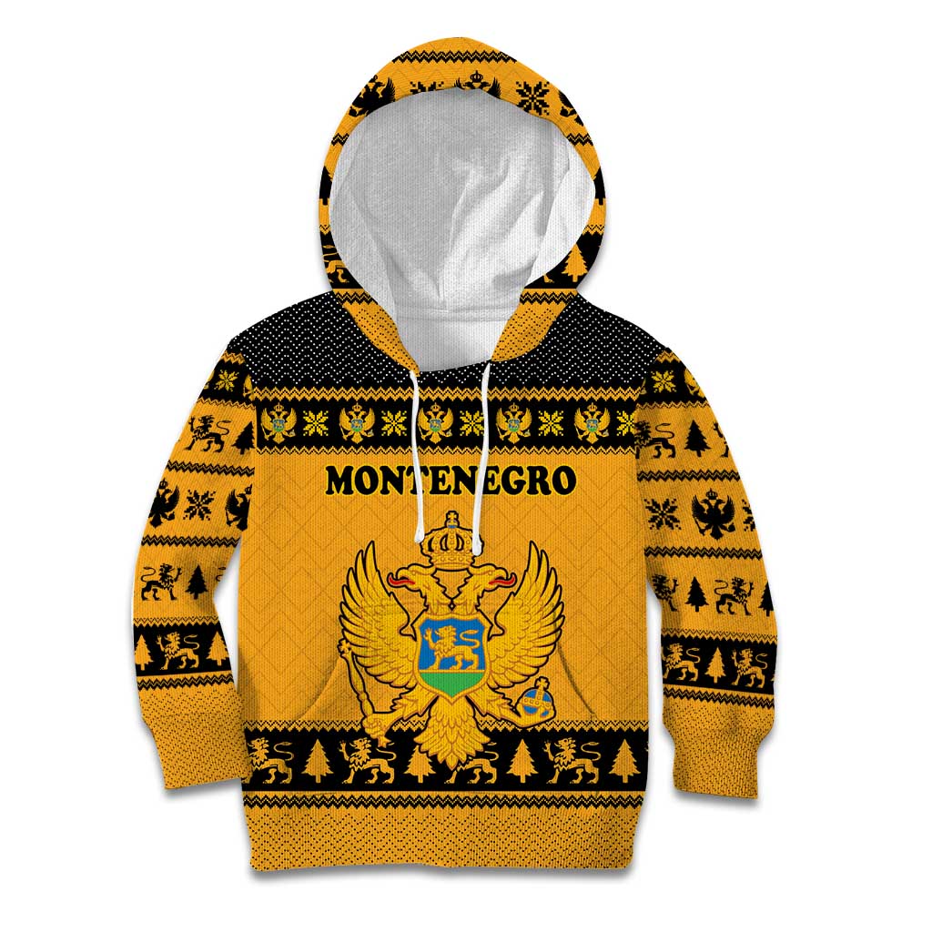 Montenegro Christmas Kid Hoodie with Gold-Black Theme, Double-Headed Eagle, and Map Motif - Wonder Print Shop