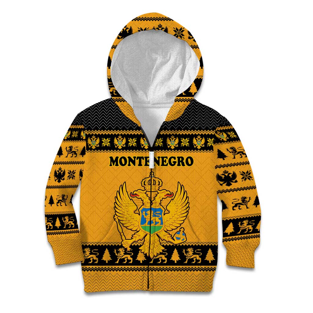 Montenegro Christmas Kid Hoodie with Gold-Black Theme, Double-Headed Eagle, and Map Motif - Wonder Print Shop