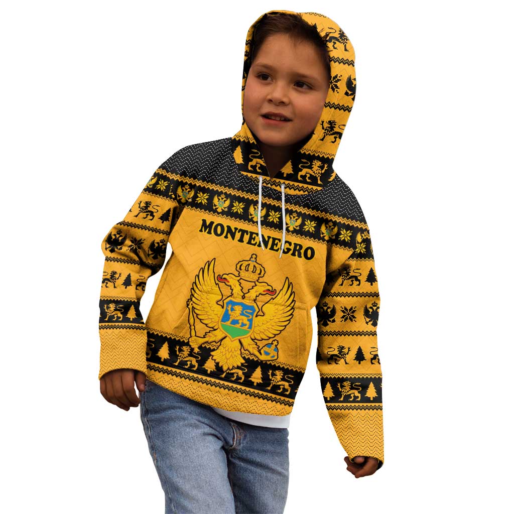 Montenegro Christmas Kid Hoodie with Gold-Black Theme, Double-Headed Eagle, and Map Motif - Wonder Print Shop