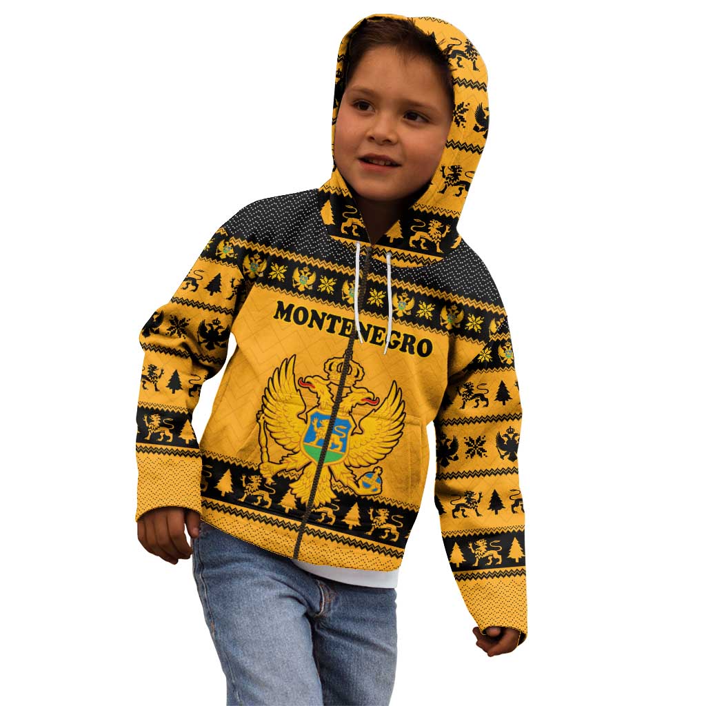 Montenegro Christmas Kid Hoodie with Gold-Black Theme, Double-Headed Eagle, and Map Motif - Wonder Print Shop